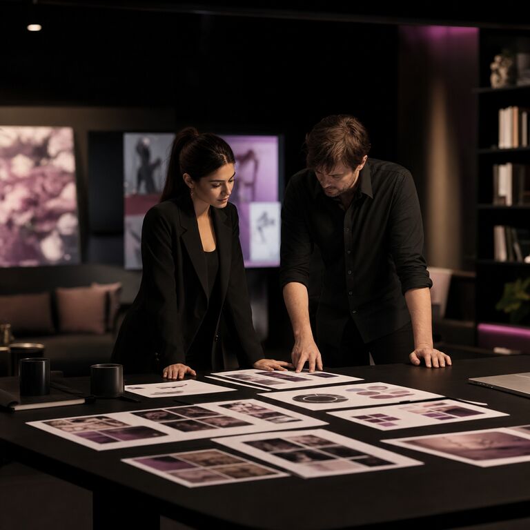 Two brand strategists reviewing printed content calendars at a dark studio table under warm light